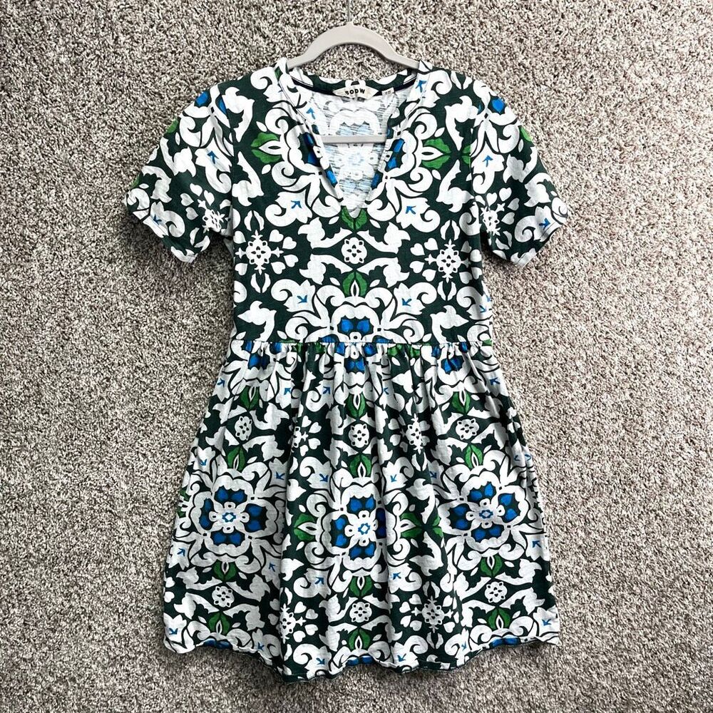Boden Dress‎ Women’s 6 Easy Notch Neck Jersey Green & White Patterned Mini